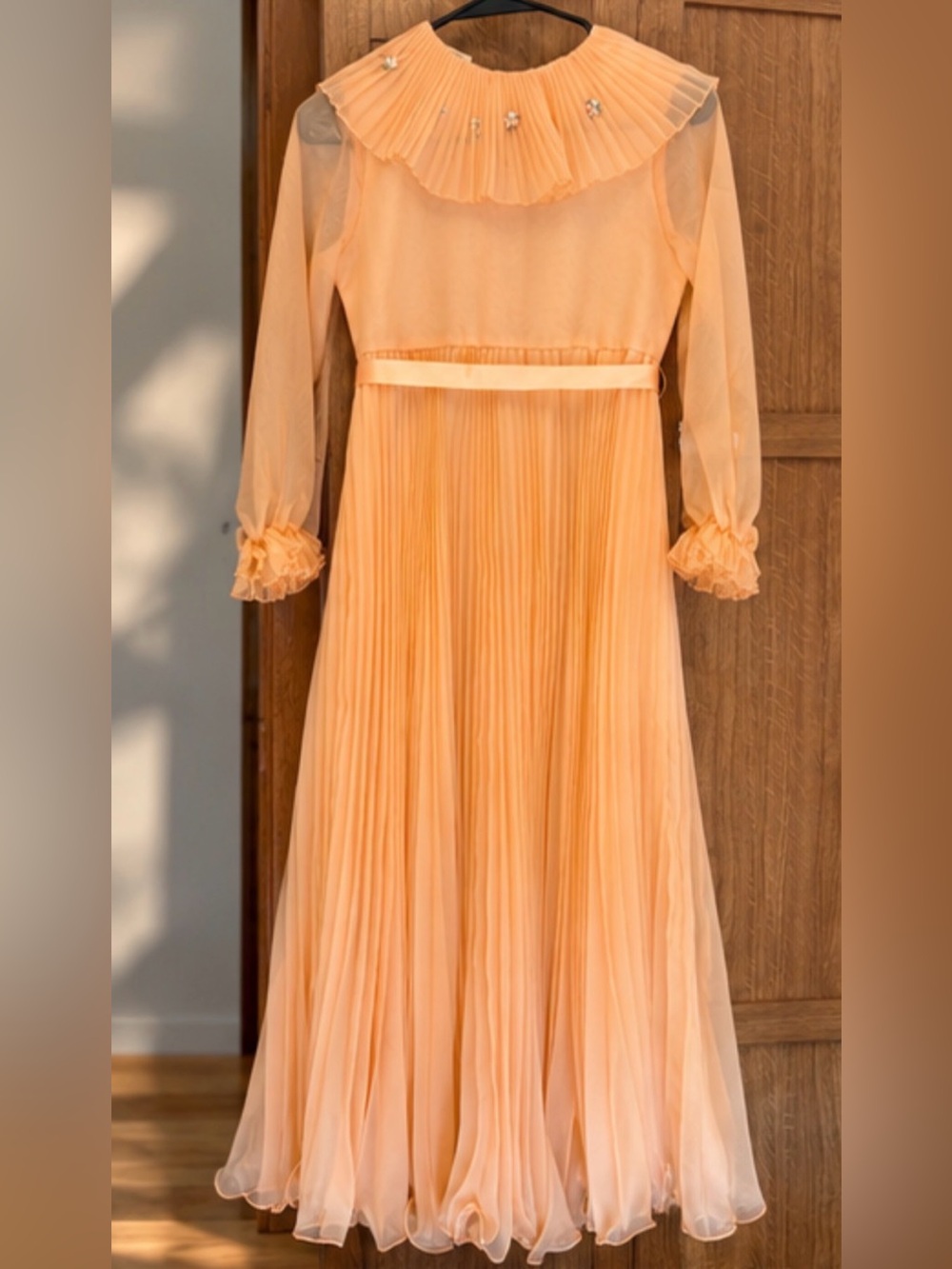 Vintage L'Enfant Peach Chiffon Pleated Girls Dress 1970s Floral Ruffle Formal
